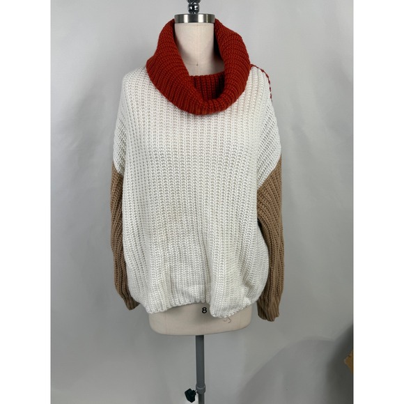 Pink Lily Large Color Block Knit Cowl Neck Sweater Chunky Preppy Oversized - Picture 1 of 9